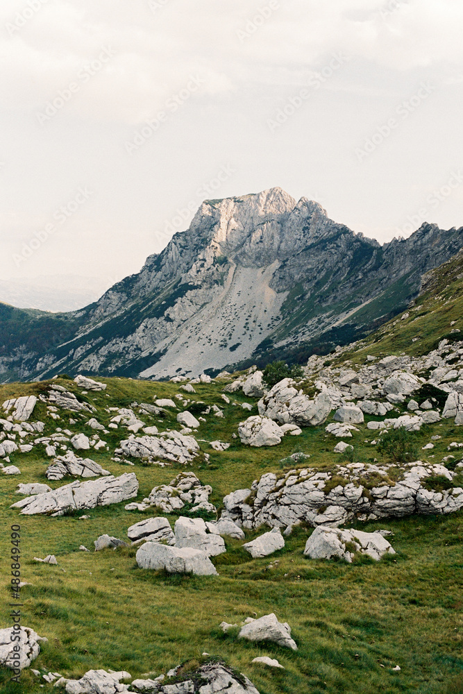 Gray boulders lie in a green mountain valley