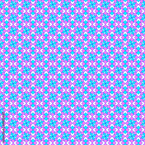 Abstract geometric seamless pattern with blue snowflake flowers and pink squares Light pastel cold colors