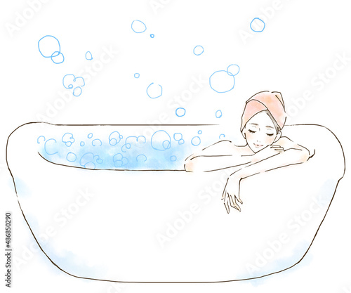 泡風呂を楽しむ女性のイラスト 美容と健康 水彩風バブルバス 手描き