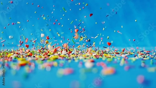 Multi-colored differently shaped topping sweets are falling on a table on a blue background. 4k slow motion bright fun video.