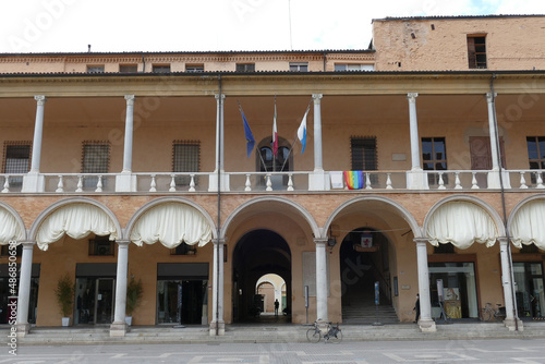 the portico of the goldsmiths in piazza del popolo in Faenza with columns in yellow Varignana's stone