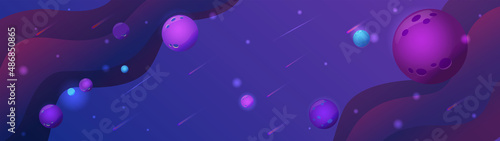 Horizontal banner mystical and mysterious space. In the purple and blue space of the universe are planets and asteroids and stars. Background for astronautics and UFO.