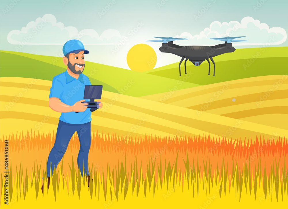 Man controls quadcopter distantly, wireless drone controller. Agricultural innovation, smart agronomy technology. Man controls quadcopter distantly, wireless drone controller. Agricultural innovation, smart agronomy technology.