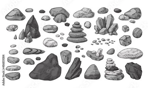 Boulders sketch. Hand drawn graded stones. Rocks and minerals. Rough gravel piles. Geological granite rubble. Engraving cobblestones. Isolated pebble shapes. Vector landscape elements set