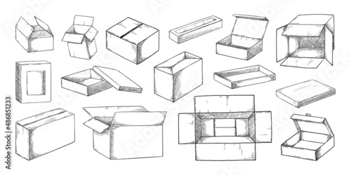 Box sketch. Hand drawn cardboard cargo package. Open and closed paper post mail parcel. Product carton wrappers. Merchandise recycling packaging. Vector isolated engraving containers set