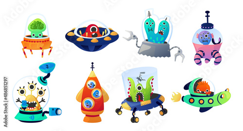 Aliens with spacecraft. Cartoon cosmic invader creatures flying on comic space transport. Cosmonauts driving spaceships. Childish monsters on rockets discovery universe. Vector UFO set photo