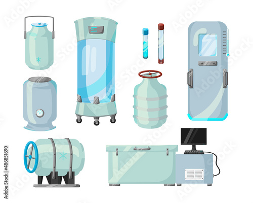 Futuristic cryogenic equipment vector illustrations set. Cryo capsules or tanks for frozen humans or spacemen, medical equipment with cryogen on white background. Science, cryonics, space concept
