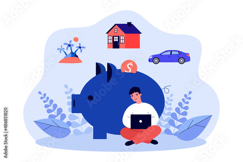 Male person with laptop saving money for holiday, house or car. Island, house and automobile above giant piggybank flat vector illustration. Investment, finances, wealth concept for banner, website