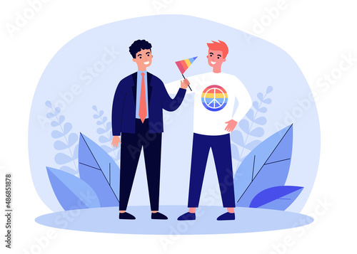 Male activists with peace or pacifist symbols. Business person with rainbow flag and man with peace sign shirt flat vector illustration. Peace, freedom concept for banner or landing web page