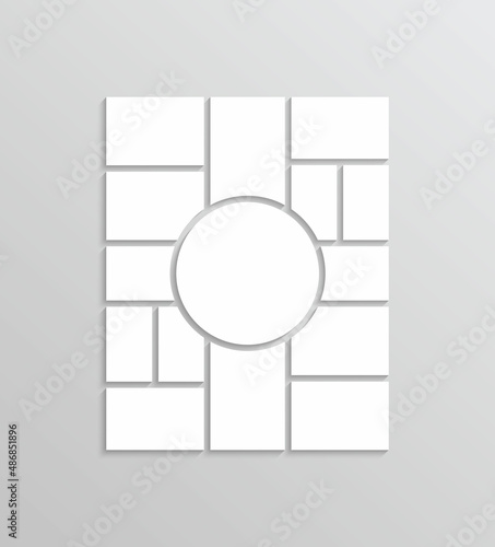 Moodboard template. Photo collage layout. Mood board grid. Mosaic pictures frame. Retro gallery banner. Album brandboard. Portfolio images isolated on gray background. Vector illustration