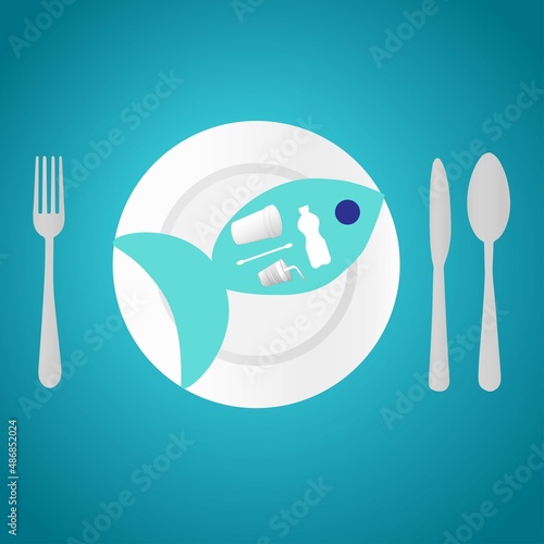 Fish with single use plastic objects in it on a plate 
