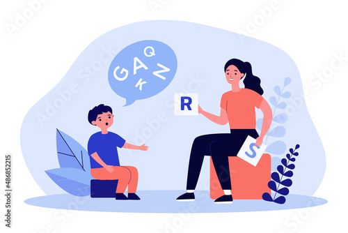 Speech therapist showing letters to little boy with disorder. Speech therapy session with child flat vector illustration. Language, education, development concept for banner or landing web page photo
