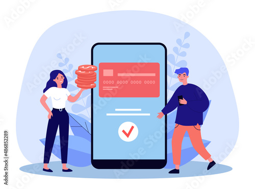 Cartoon characters transferring money via big phone. Cellphone screen with credit card, woman holding stack of coins flat vector illustration. Finances, technology, transaction concept for banner