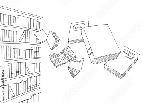 Books fly off the shelves in the library graphic black white sketch illustration vector 