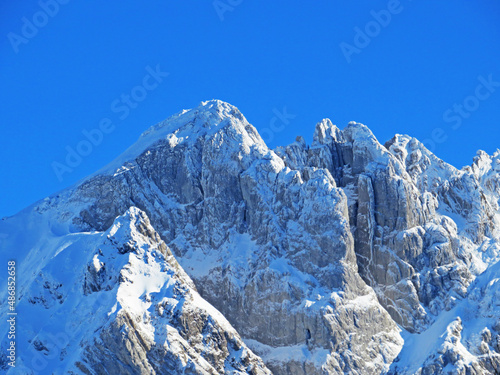 Winter ambience and beautiful idyllic atmosphere on the steep alpine rocky peak Silberplatten (2157 m.a.s.l.) and the mountain Alpstein - Appenzell Alps massif - Switzerland (Schweiz)