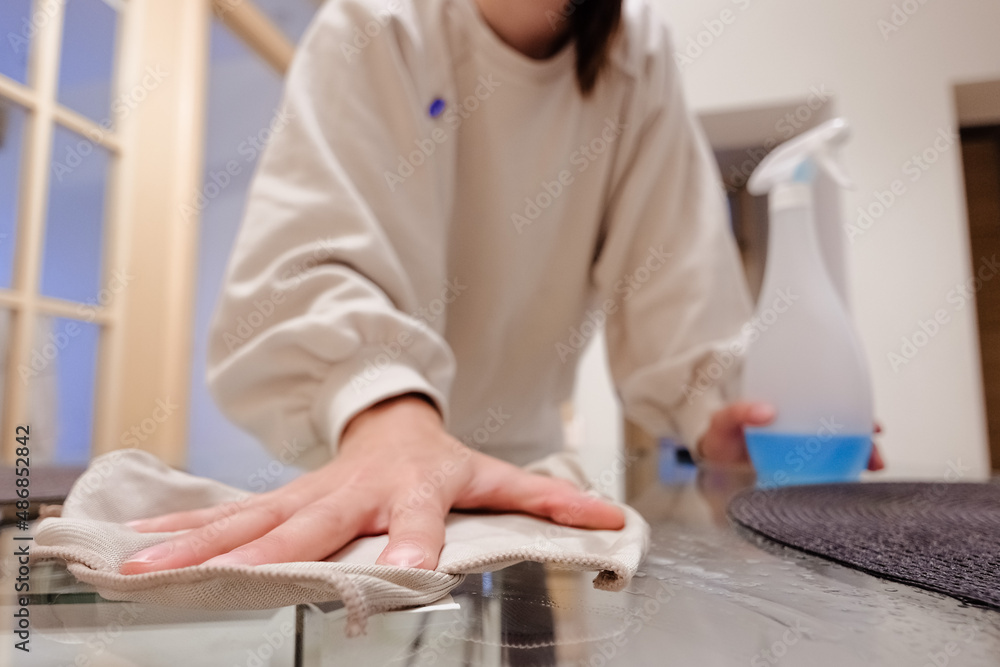 Young woman cleaning a table at home. Doing chores. Housekeeping. Spring clening Young woman cleaning a table at home. Doing chores. Housekeeping. Spring clening