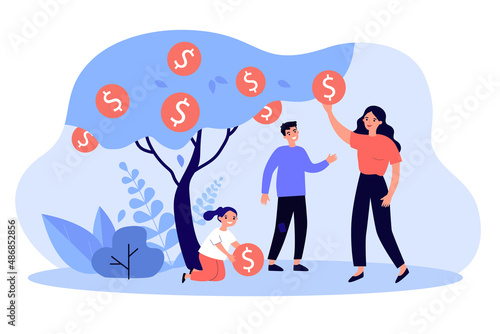 Happy mother, father and daughter taking gold coins from tree. Family with money tree flat vector illustration. Family budget, investment, wealth concept for banner, website design or landing web page