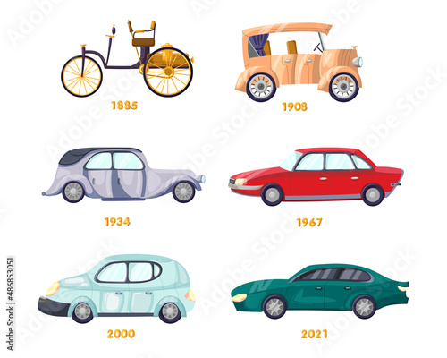 Timeline of evolution of automobiles vector illustrations set. Old, classic and modern models of cars, auto industry isolated on white background. Transport, transportation, history concept