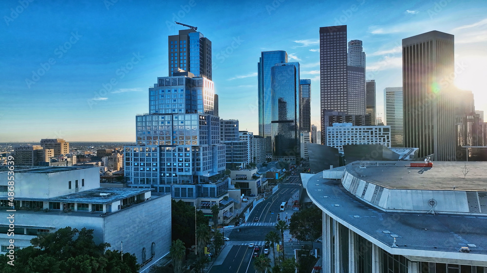 Los Angels city center. Los angeles aerial view, with drone. Los Angeles downtown skyline. Cityscapes background.