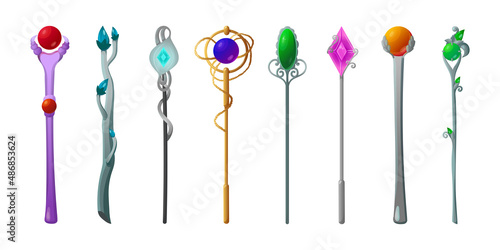 Colorful magic wands for wizards cartoon illustration set. Metal magicians walking sticks with crystals for games, app interface. Staff and equipment for witches. Fantasy, fairy tale, sorcery concept © Bro Vector