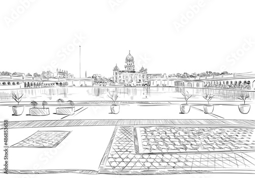 Gurdwara Bangla Sahib. New Delhi. India. Hand drawn vector illustration