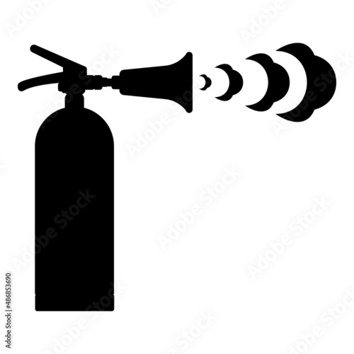 Fire extinguisher in action with foam bubbles jet for extinguishing puts out fire fighting icon black color vector illustration image flat style