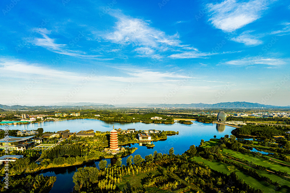 Aerial photography of natural scenery of Yanxi Lake in Beijing