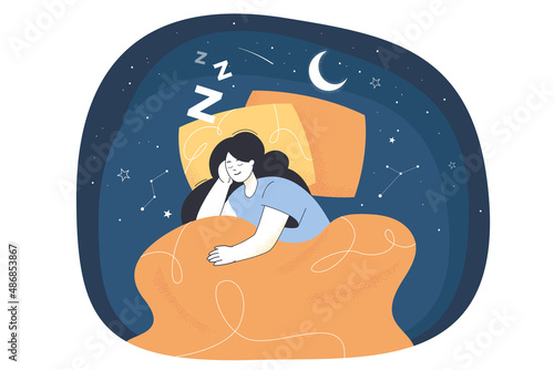 Lucid dreaming of sleeping woman at night. Astral travel of girl lying on pillow under blanket and experience of REM stage of sleep flat vector illustration. Wakefulness, dream control concept photo