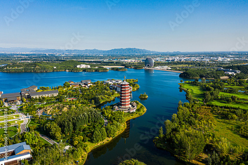 Aerial photography of natural scenery of Yanxi Lake in Beijing photo