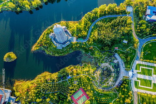 Aerial photography of natural scenery of Yanxi Lake in Beijing photo