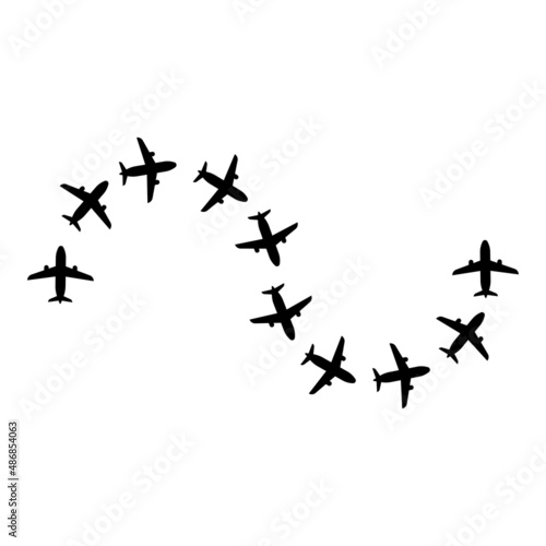Route from airplanes flight tourism path plane flights adventure time concept itinerary fly icon black color vector illustration image flat style