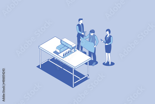 construction plan concept with team read analyze blueprint development with outline isometric style