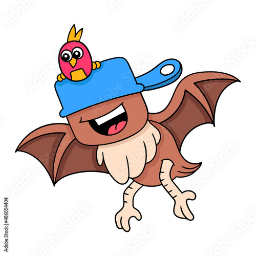 bat flying with chick bird, doodle icon image kawaii