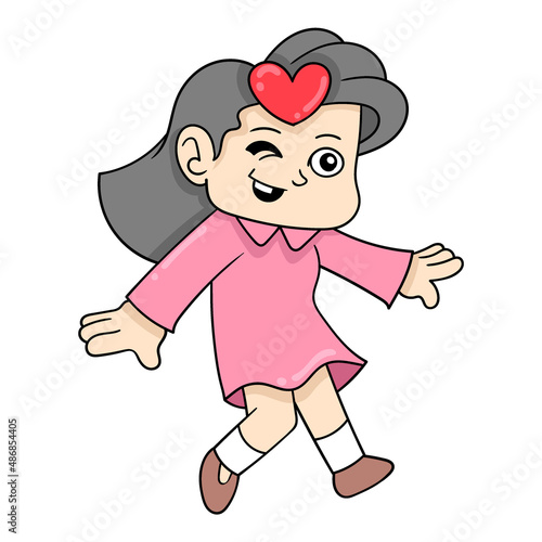 beautiful girl with happy face wearing hairpin love, doodle icon image kawaii