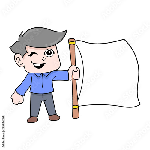 boy holding flag blank text template, doodle icon image kawaii
