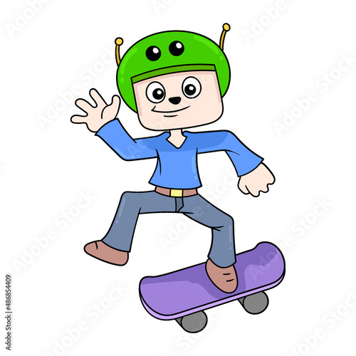 boy is skateboarding happily, doodle icon image kawaii