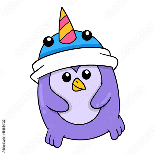 cute penguin child wearing a beanie hat, doodle icon image kawaii