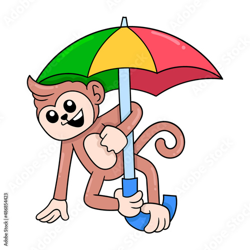 monkey playing with colorful umbrella, doodle icon image kawaii