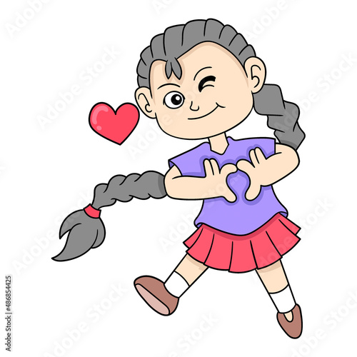 long hair girl is feeling happy love, doodle icon image kawaii