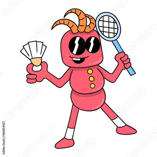 monsters playing badminton, doodle icon image kawaii