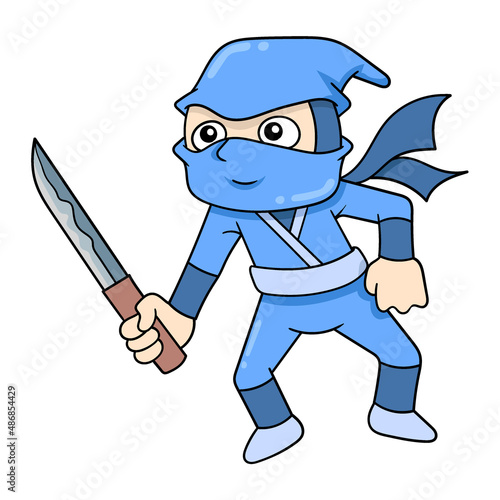 ninja holding sharp sword ready to fight, doodle icon image kawaii
