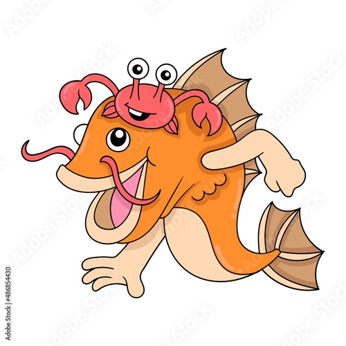 goldfish playing with red crab, doodle icon image kawaii