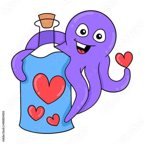 purple octopus hugging a bottle filled with valentine love, doodle icon image kawaii