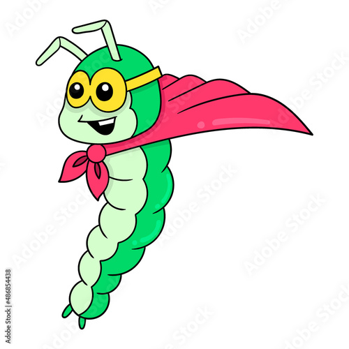 superhero green caterpillar, doodle icon image kawaii
