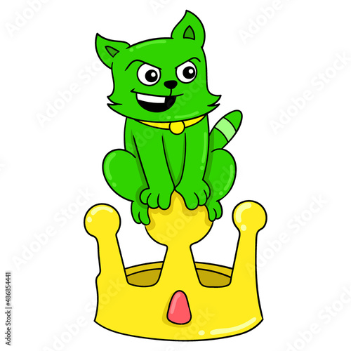 the green cat is perched on the king golden crown, doodle icon image kawaii
