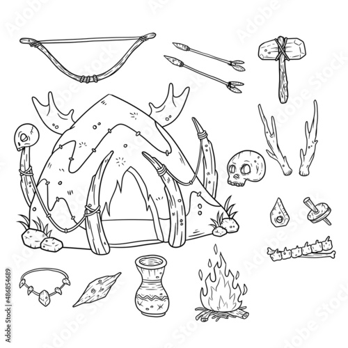 Set of primitive man items. Hut made of skins and bones