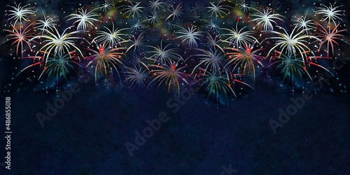 Colorful night sky full of fireworks for festive occasion, New Year, 4th of July, Diwali, Labor day, Pride night. Watercolor illustration hand drawn and brush paint on paper with copy space. photo