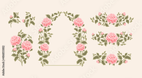 Vintage hand drawn wedding rose flower frame wreath vector illustration arrangements and bouquets with leaf branch and floral bud