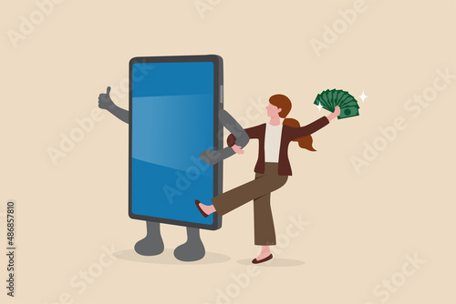 Make money from mobile app, bank transfer or smartphone payment application, investment or mobile banking concept, happy rich woman holding money banknotes walking arm in arm with mobile phone.