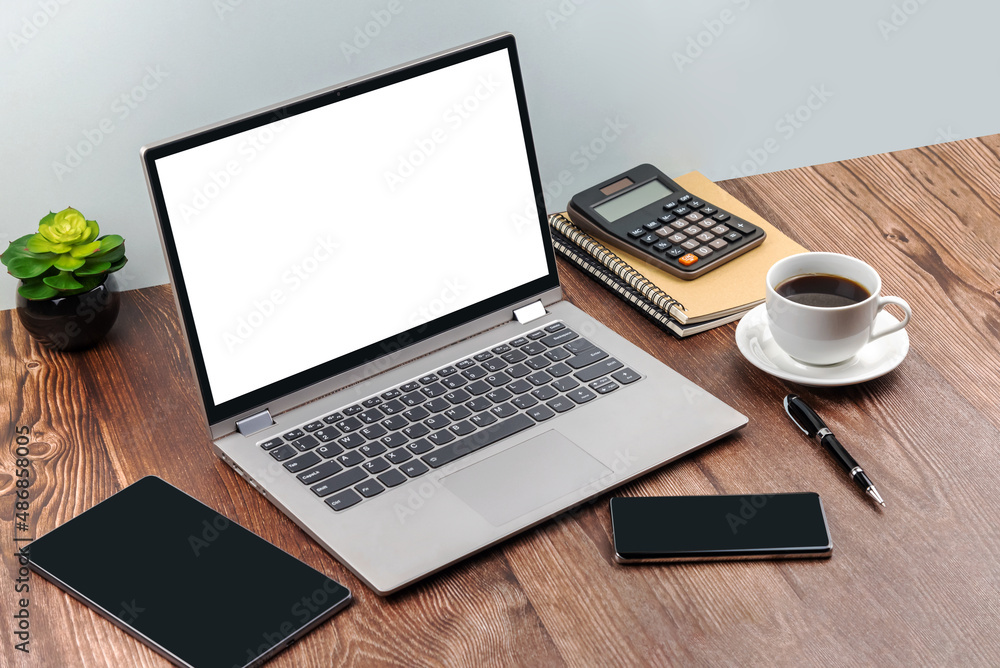 Workspace with Blank Screen Laptop - Creative office Workspace with Blank Screen Laptop - Creative office